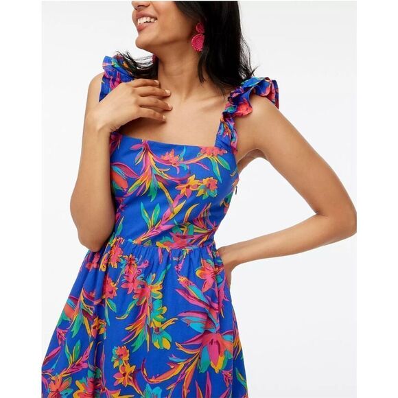 NWT JCrew Floral Tropical Square Neck Midi Dress Blue Size 8 - Picture 1 of 16
